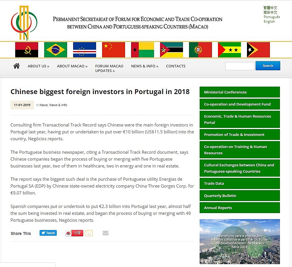 Chinese biggest foreign investors in Portugal in 2018